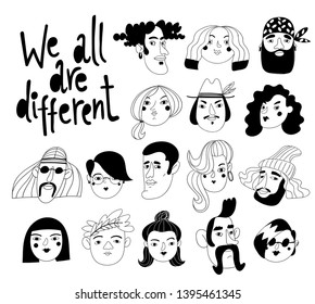 Vector black and white graphic design with different people. Black and white male and female characters. Vector avatars. Men and women vector portraits.