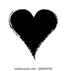 Vector black white graphic grunge illustration of heart sign with ink blot, brush strokes, drops isolated on the white background. Series of artistic illustration with splash, blots and brush strokes