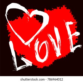 Vector black, white graphic grunge illustration of lettering love  with ink blot, brush strokes, drops isolated on the white background. Hand drawn paint texture