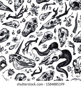 Vector black and white graphic hand drawn pattern with different animal skulls isolated on the white background. Seamless pattern can be used for wallpaper, web page background, surface texture