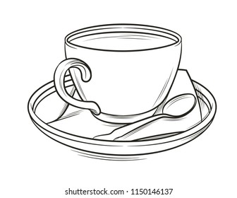 Vector black and white graphic illustration of a coffee cup with plate and spoon. Sketch style art of hand drawn cup of tea set