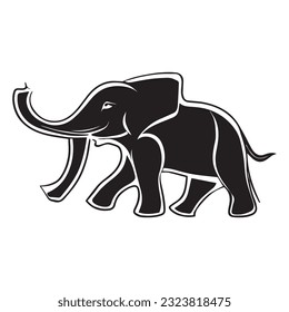 vector black and white graphic illustration of a stylized elephant head Black elephant silhouette. Vector shadow.
