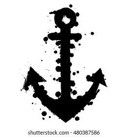Vector black and white graphic illustration of anchor with ink blot, brush strokes, isolated on the white background. Series of artistic illustration with splash, blots and brush strokes.