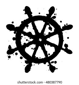 Vector black and white graphic illustration of steering wheel with ink blot, brush strokes, isolated on the white background. Series of artistic illustration with splash, blots and brush strokes.