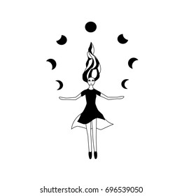 A vector black and white graphic illustration of a flying girl, witch with long hair wearing black dress and phases of the moon in a hands