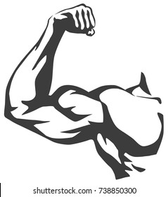 vector black and white graphic illustration of a stylized hand of a bodybuilder tensing a bicep