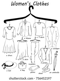 Vector black and white graphic illustration of women clothes items for learning English as foreign language. Studying or teaching English on elementary level. Women outfit and accessories