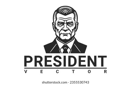 Vector black and white graphic portrait of a serious brutal power male president. Isolated background.