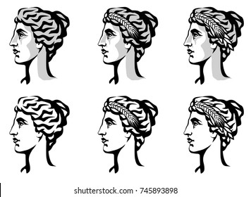 vector black and white graphic portrait of the ancient Greek goddess Demeter (Roman Ceres) in profile, in different versions.
Astrological sign of the Zodiac Virgo.