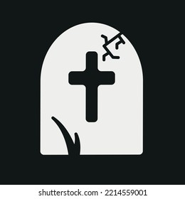 Vector Black And White Grave Stone With Cracks, Tombstone, Grave. Element For Design, Template For Website, Icon For Apps. Death, Halloween. Creepy Scary Illustration In Cartoon Style.