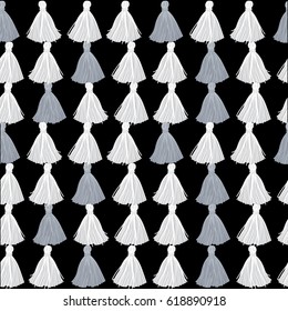 Vector Black, White and Grey Decorative Tassels Rows Seamless Repeat Pattern Background. Great for handmade cards, invitations, wallpaper, packaging, nursery designs.