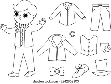 Juego de ropa vectorial en blanco y negro. Un chico muy casado con traje, accesorio. Paquete de iconos de la línea de la ceremonia de bodas. Colección de caballeros o página de colorido con corbata, zapatos, camisa
