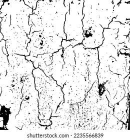 Vektorschwarz-weißer brüchiger Hintergrund. Beklemmte Wandstruktur mit Rissen und Kratzern. Abstrakter Oberflächenstaub und rauer Schmutz.
