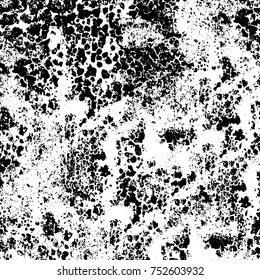 Vector black and white grunge background. Abstract monochrome pattern of stains, cracks, scratches print posters and design. Vintage elements and old texture of the ink