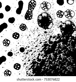 Vector black and white grunge background. Abstract monochrome pattern of stains, cracks, scratches print posters and design. Vintage elements and old texture of the ink