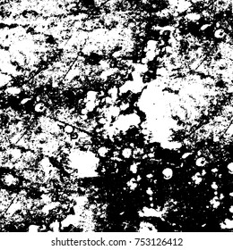 Vector black and white grunge background. Abstract monochrome pattern of stains, cracks, scratches print posters and design. Vintage elements and old texture of the ink