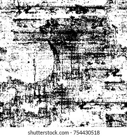Vector black and white grunge background. Abstract monochrome pattern of stains, cracks, scratches print posters and design. Vintage elements and old texture of the ink