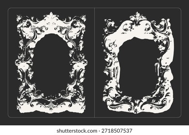 Marco de Vector grunge blanco y negro en la ilustración de textura de estilo rococó, perfecto para carteles, Anuncios y diseño retro.