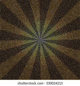 Vector  black and white halftone background. Stipple effect . Gold glitter Sun burst