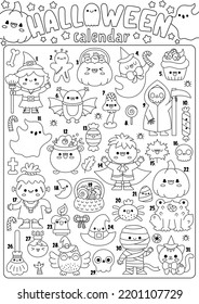 Vector black and white Halloween advent calendar with traditional holiday symbols. Cute autumn all saints day planner for kids. Scary trick or treat coloring poster with kawaii witch, pumpkin
