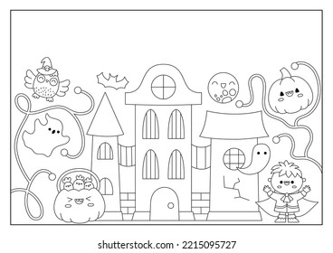 Vector Black And White Halloween Background With Cute Haunted House, Bat, Witch, Vampire. Funny Autumn Holiday Line Card, Activity Book Cover. Cartoon Trick Or Treat Horizontal Coloring Page
