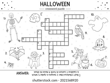 Vector black and white Halloween crossword puzzle for kids. Simple quiz or coloring page with all saints day objects. Educational activity with traditional scary objects, such as witch, ghost, vampire