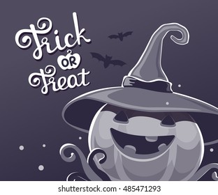 Vector black and white halloween illustration of decorative pumpkin in witch hat with eyes, smile, teeth, bats and text trick or treat. Flat style design for halloween greeting card, web, site, banner