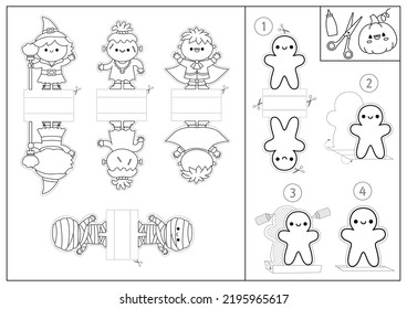 Vector black and white Halloween paper dolls set. Cute finger puppets or chips with witch, vampire, monster. Autumn or fall holiday cut out craft cards. Simple printable game or coloring page
