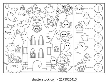 Vector black and white Halloween searching game with haunted house and kawaii characters. Spot hidden objects, say how many. Simple autumn holiday seek and find counting coloring page
