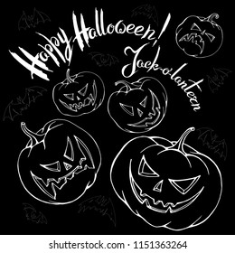 Vector black and white Halloween set: pumpkins Jack-o`-lantern, bats, words . Linear white on black background.