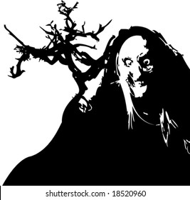 Vector black and white halloween witch