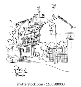 Vector black and white hand drawing. Paris street with traditional houses and lanterns, Paris, France.