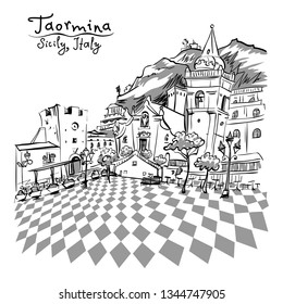 Vector black and white hand drawing. The square Piazza IX Aprile in Taormina, Sicily, Italy