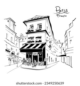 Vector black and white hand drawing. Typical parisain restaurant on Montmartre, Paris, France.