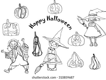 vector black and white  hand drawing funny characters and pumpkins for Halloween design