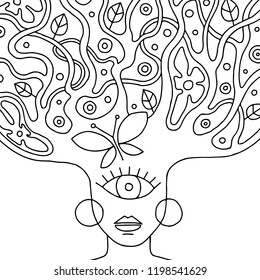 Vector black and white hand drawn illustration of psychedelic woman face with abstract tree, flowers, leaves, dots, butterfly, background Decorative artistic creative picture, line drawing. 