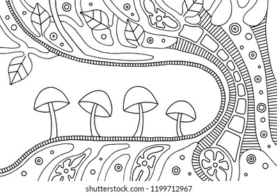 Vector black and white hand drawn illustration of psychedelic abstract tree, flowers, leaves, dots, mushrooms, background Decorative artistic creative picture, line drawing. Picture for coloring