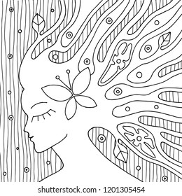 Vector black and white hand drawn illustration of psychedelic woman face with abstract tree, flowers, leaves, dots, butterfly, background Decorative artistic creative picture, line drawing. Coloring