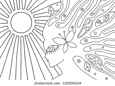 Vector black and white hand drawn illustration of woman face with sun, abstract tree, flowers, leaves, dots, butterfly, background Decorative artistic picture, line drawing. Coloring