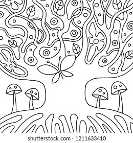 Vector black and white hand drawn illustration of psychedelic abstract tree, flowers, leaves, dots, mushrooms, background Decorative artistic creative picture, line drawing. Picture for coloring