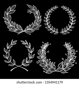 Vector black and white hand drawn set of laurel wreaths.