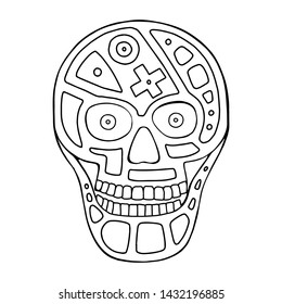 Vector black and white hand drawn illustration of skull with geometrical tribal figures, forms face of human Print horror for t shirt. Mexican style, day of the dead, halloween. Sketch, doodle drawing