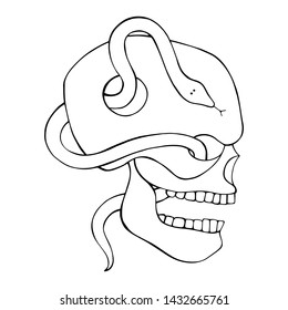 Vector black and white hand drawn illustration, vector skull with snake  silhouette face of human Skull horror illustration Hand drawn day of the dead Mexico halloween Sketch vector drawing silhouette