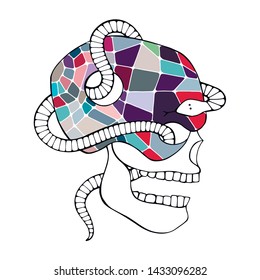 Vector black and white hand drawn illustration, vector skull with snake  silhouette face of human Skull horror illustration Hand drawn day of the dead Mexico halloween Sketch vector drawing silhouette