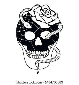 Vector black and white hand drawn illustration, vector skull with snake  silhouette face of human Skull horror illustration Hand drawn day of the dead Mexico halloween Sketch vector drawing silhouette