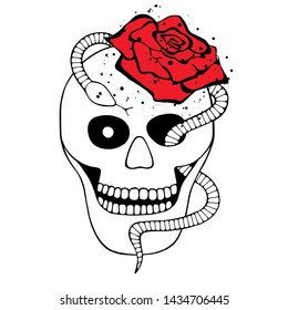 Vector black and white hand drawn illustration, vector skull with snake  silhouette face of human Skull horror illustration Hand drawn day of the dead Mexico halloween Sketch vector drawing silhouette