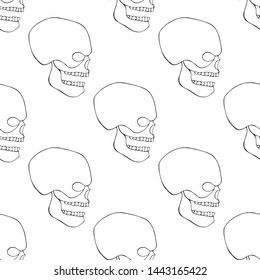 Vector black and white hand drawn seamless pattern illustration of skull with tooth, silhouette face of human Icon, print horror for background Mexican style, day of the dead, halloween Sketch, doodle