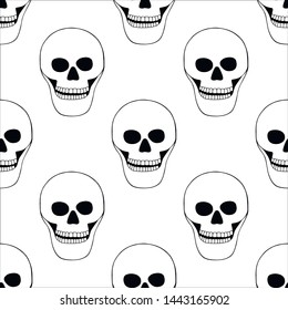 Vector black and white hand drawn seamless pattern, illustration of skull with tooth, silhouette face of human print horror for fabric. Mexican style, day of the dead, halloween Sketch, doodle drawing