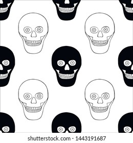 Vector black and white hand drawn seamless pattern, illustration of skull with tooth, silhouette face of human print horror for fabric. Mexican style, day of the dead, halloween Sketch, doodle drawing