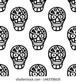 Vector black and white hand drawn seamless pattern, illustration of skull with geometrical tribal figures, Print horror for fabric. Mexican style, day of the dead, halloween. Sketch, doodle drawing